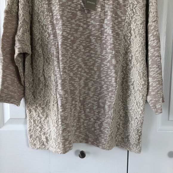 Chico’s Tan 3/4 Sleeve Lace Overlay Sweater - Picture 10 of 11